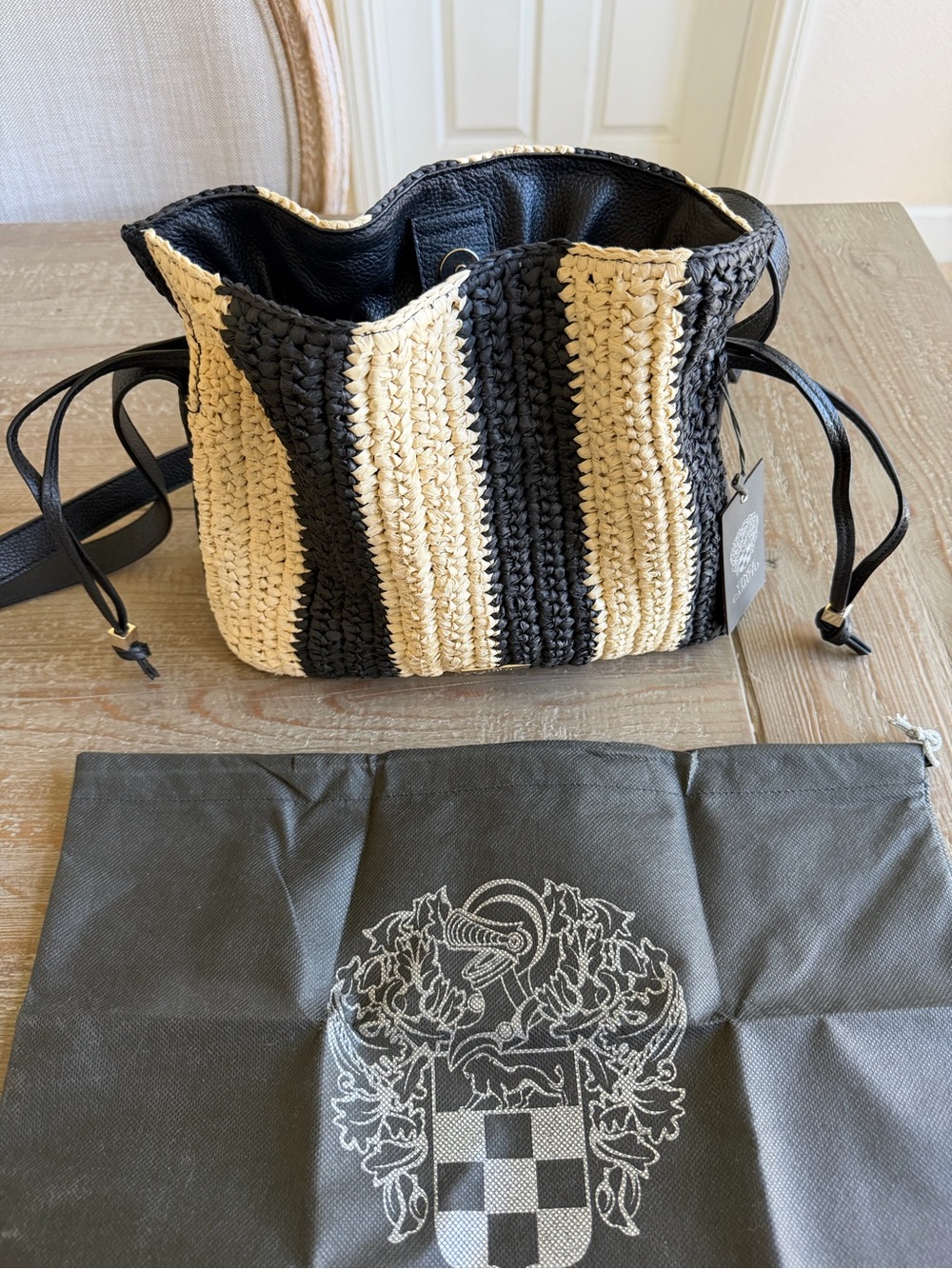 Vince Camuto Striped Black and Cream Woven Crossbody Purse